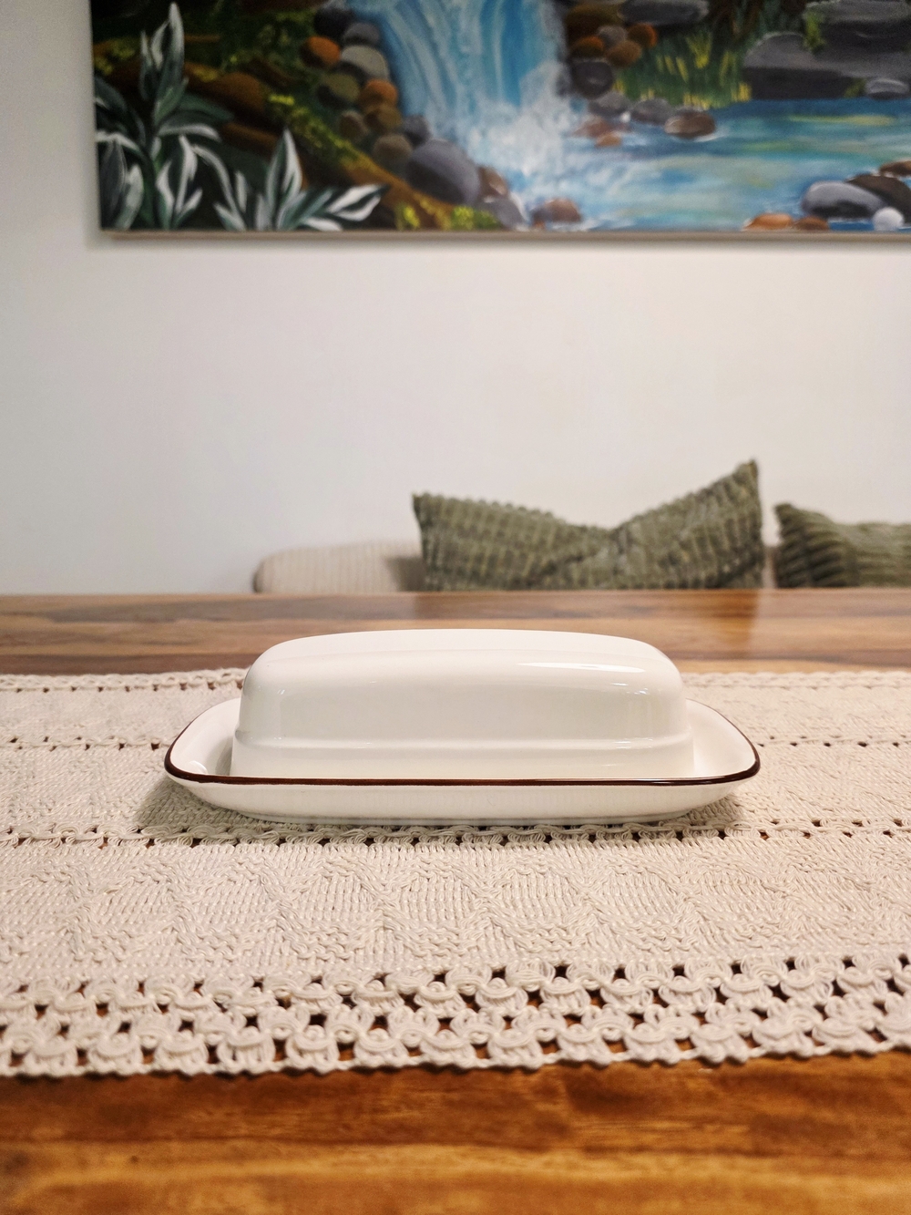 Vintage 1970s Nitto Concorde Butter Dish Japanese Stoneware Brown Trim Retro